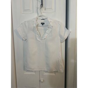 Talbots Women's Pure Irish Linen Ruffle V-Neck Short Sleeve Blouse White Petite